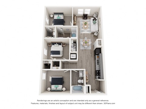 Floor plan for 3 beds, 2 baths, 1075 sqft